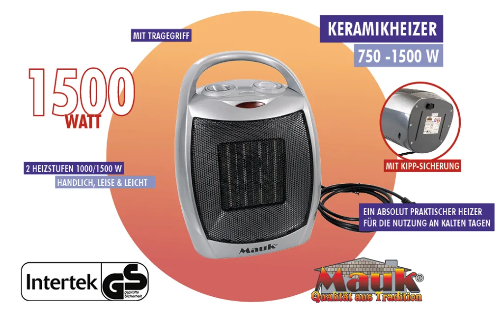 Mauk Heizer / Heizlüfter Tragbarer Keramikheizer 1500W Mini